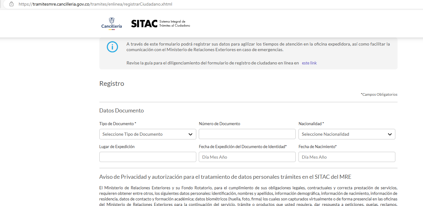 El primer paso crucial fue registrarme en la Cancillería de Colombia. Utilicé el Formulario de Registro de Ciudadano, donde se almacenan todos los datos necesarios para expedir tu pasaporte. Aquí, es fundamental ingresar correctamente tus nombres, apellidos, fecha de nacimiento y número de identificación. Un pequeño error puede generar complicaciones, obligándote a reiniciar el proceso y, lamentablemente, a realizar el pago nuevamente.